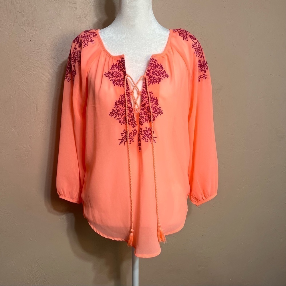 American Eagle Boho Blouse, Tunic Style Sheer Coral Pink Top, Tie Front, Size XS